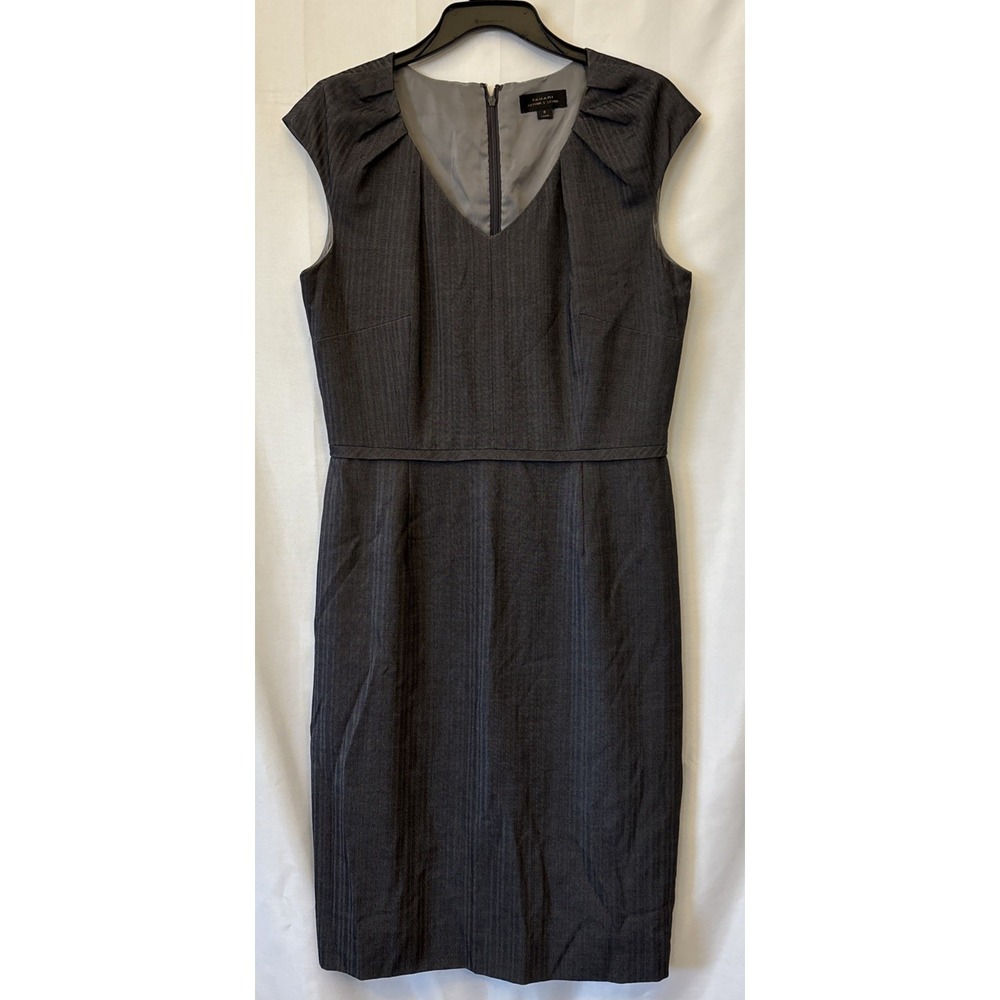Women's Tahari Arthur S. Levine Gray Sheath V Neck‎ Pleated Dress Fully Lined 8
